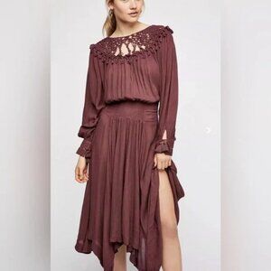 Free People maroon Camille Macrame Asymmetric Handkerchief Maxi Dress size small